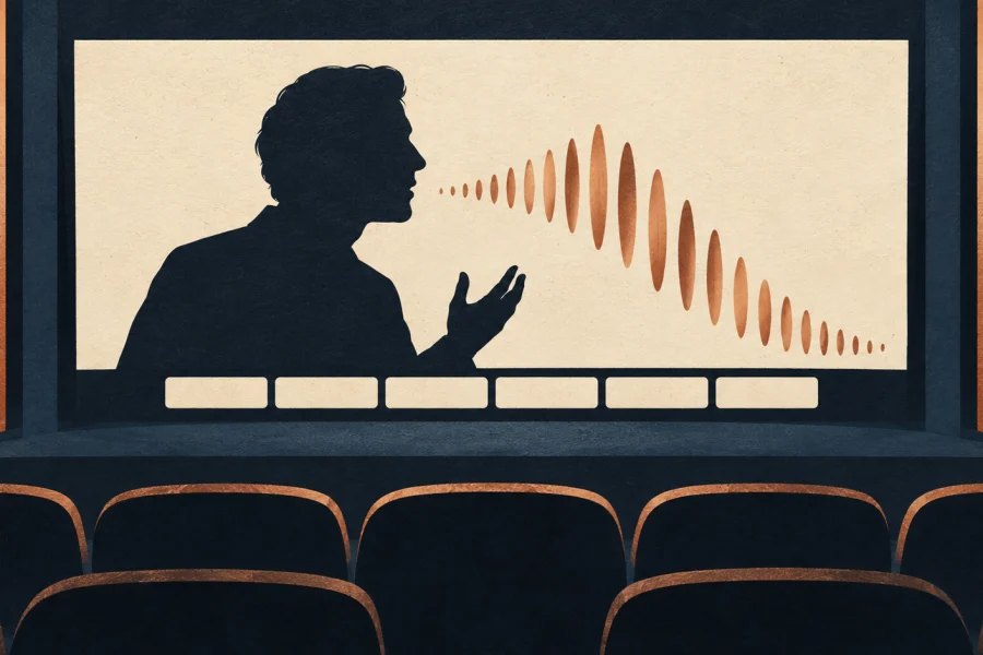 Cinema screen with a speaking silhouette, sound wave and blank subtitle shapes