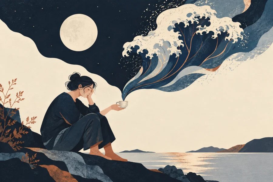 A tired person beneath a moon faces a large stylised emotional wave