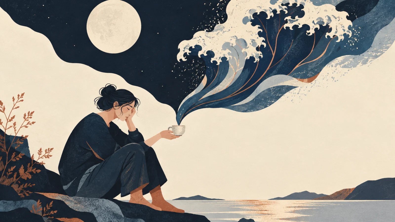 A tired person beneath a moon faces a large stylised emotional wave