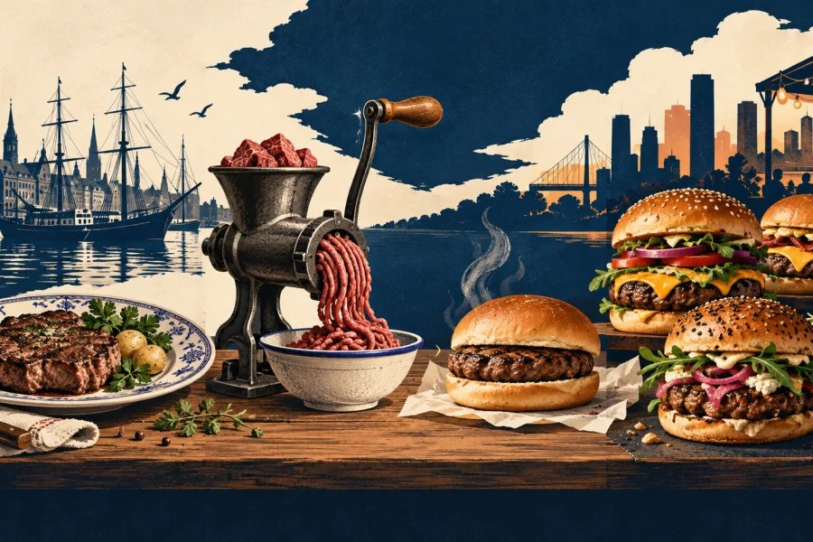 An illustrated journey from a plated steak through an old meat grinder to several styles of hamburger.