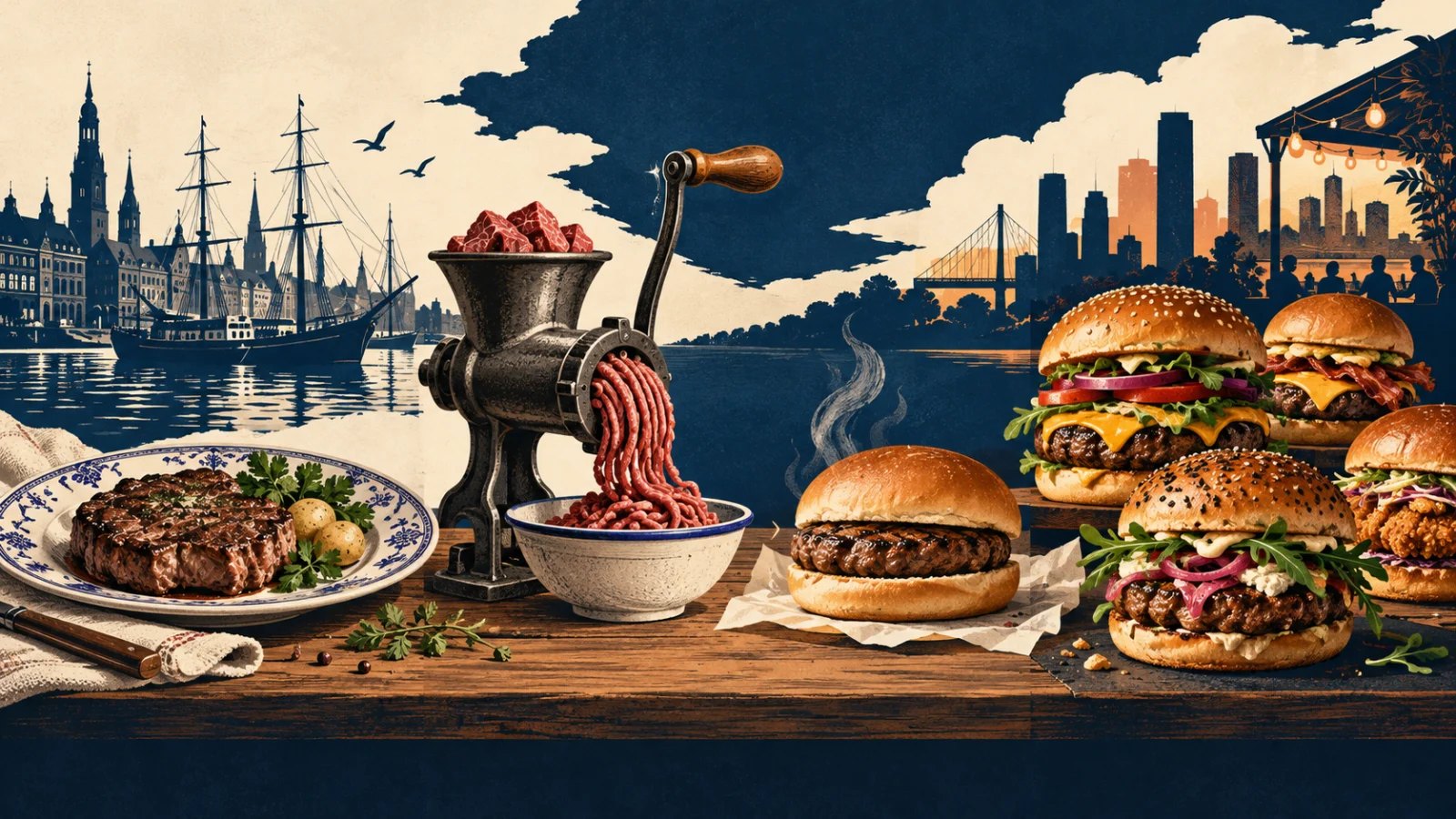 An illustrated journey from a plated steak through an old meat grinder to several styles of hamburger.