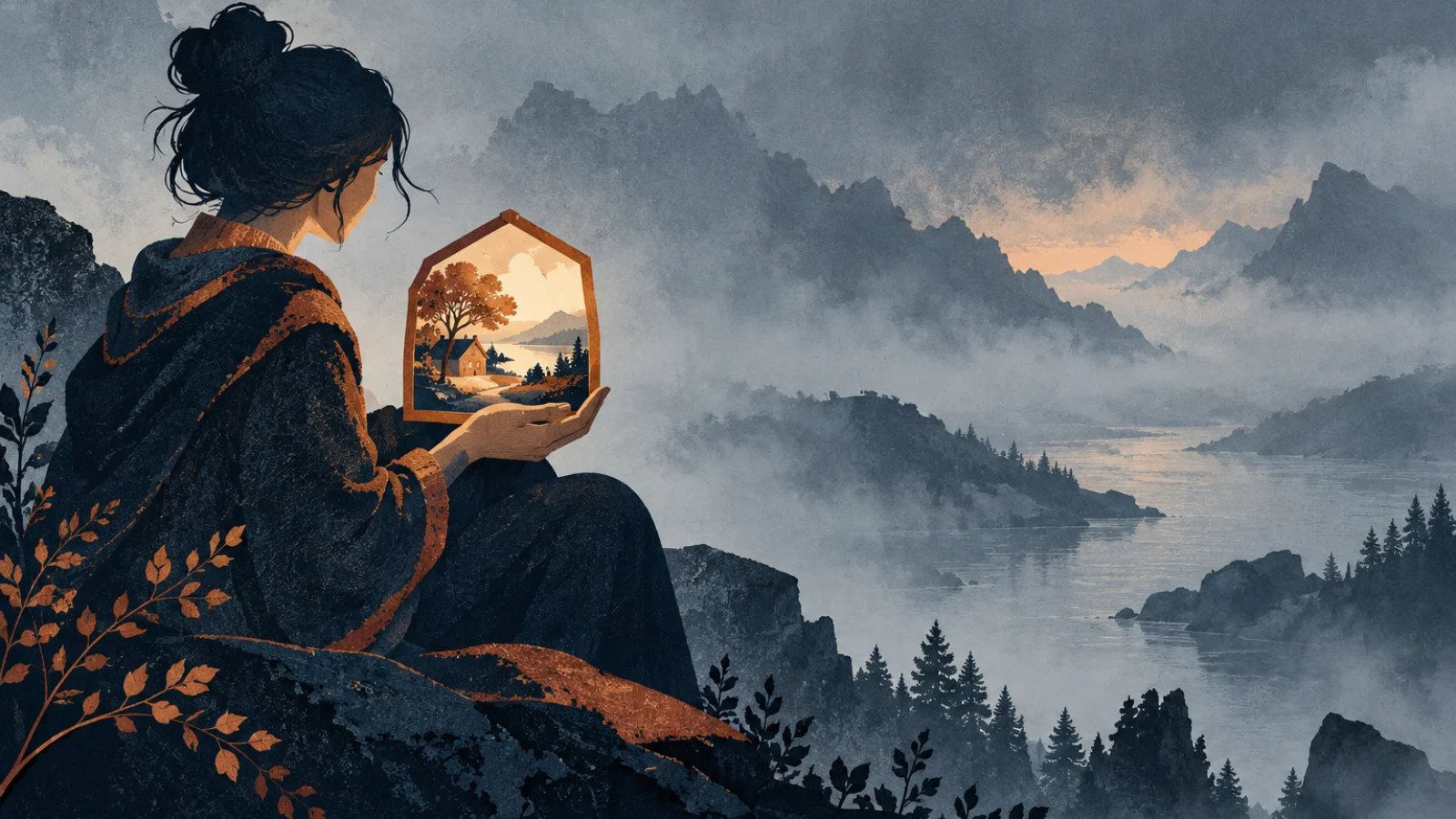 Illustration of a person holding a glowing memory in a misty landscape