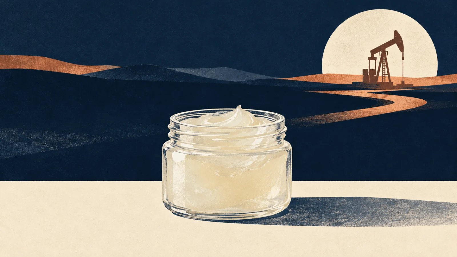 Open jar of petroleum jelly with a distant oil pump silhouette in navy, cream and copper