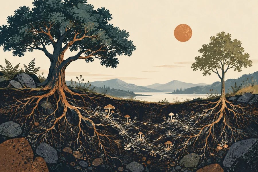 Two trees and a fungal network in the soil beneath their roots