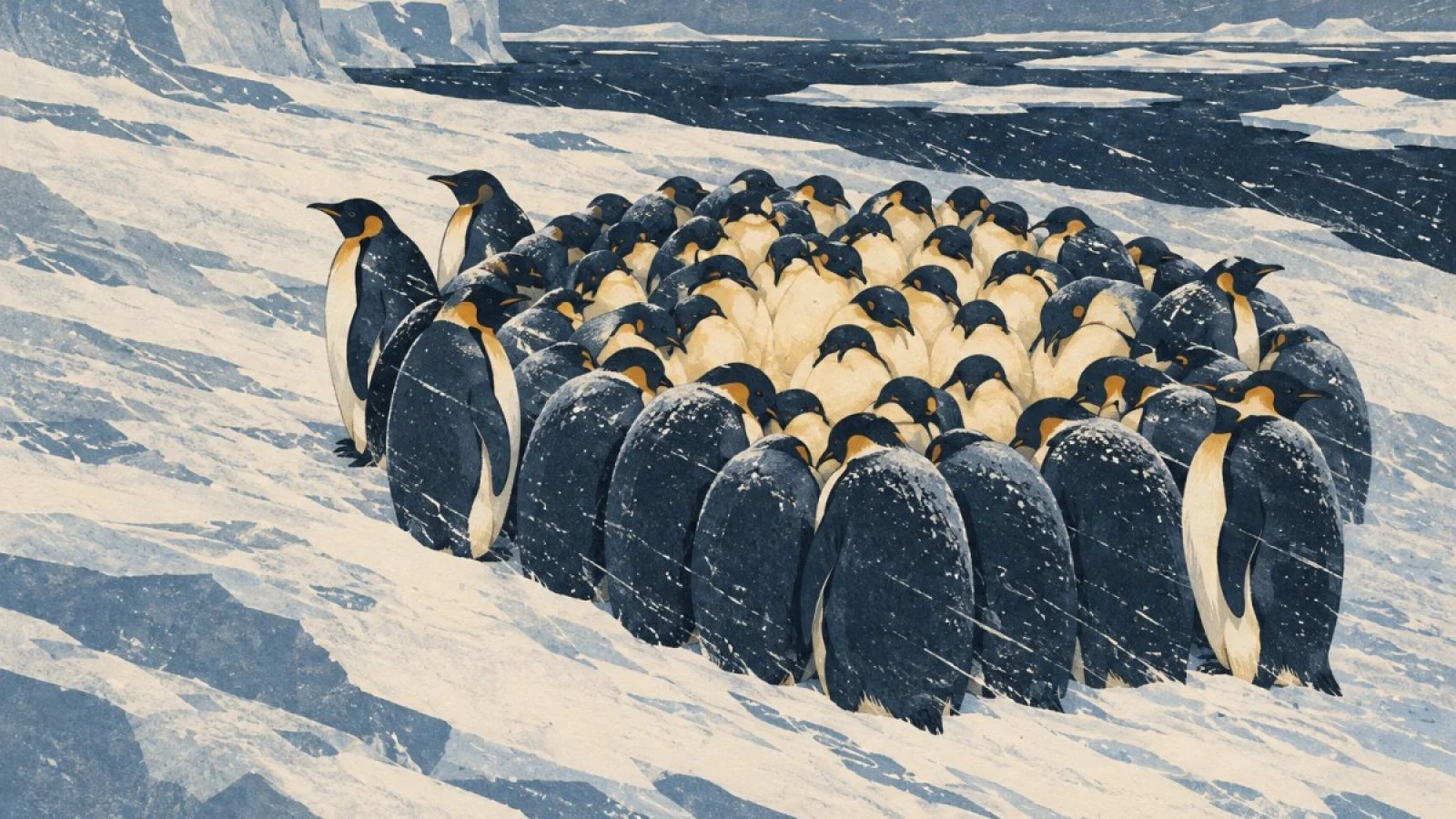 A tightly packed huddle of emperor penguins on Antarctic sea ice, with birds shielding the warmer centre from wind.