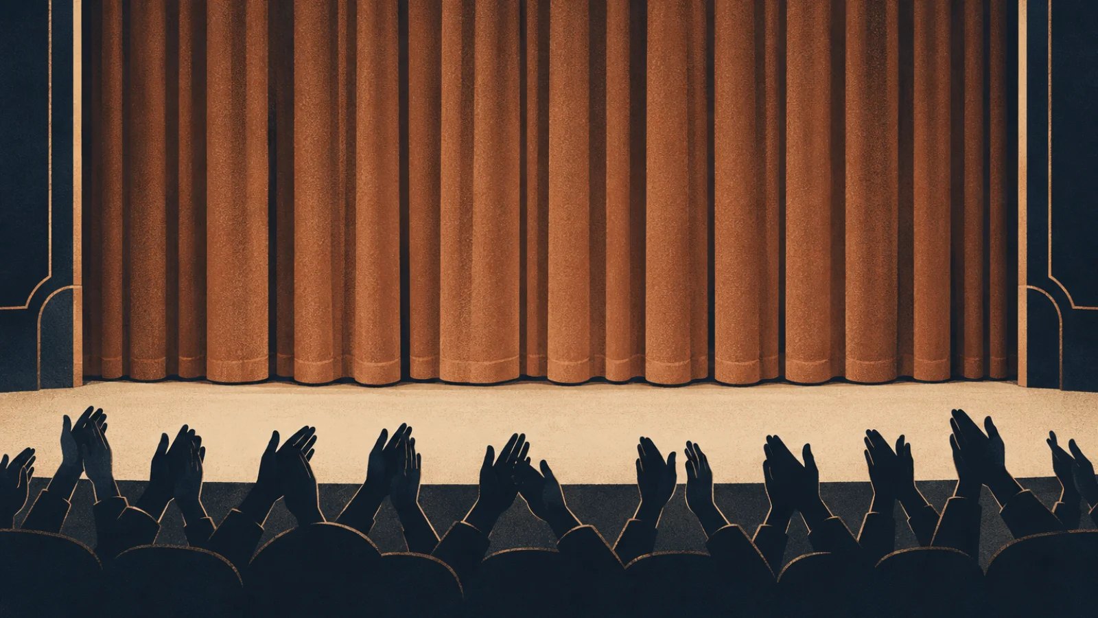 Silhouetted audience hands applauding in front of a closed copper-coloured theatre curtain.
