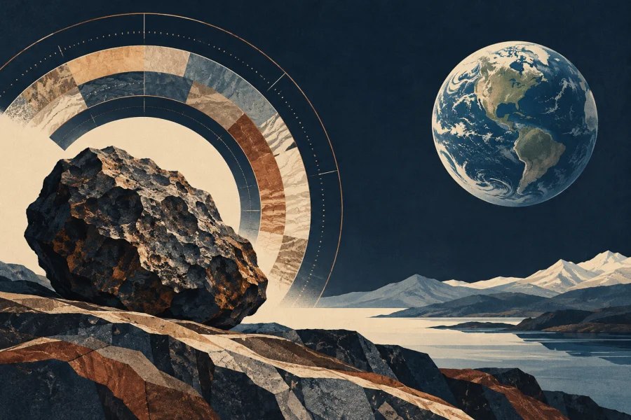 ancient meteorite, radiometric clock rings and Earth in a calm geological composition