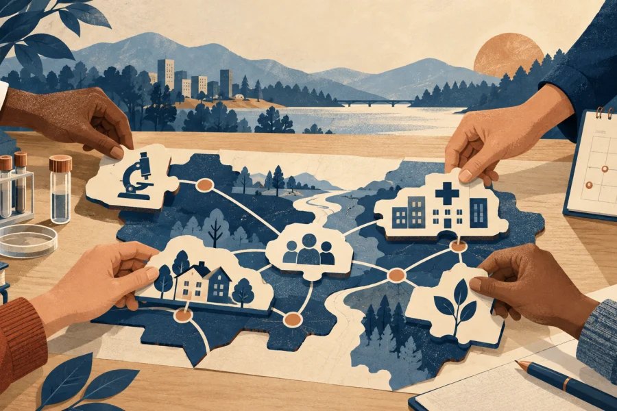 Community, laboratory and healthcare symbols assembled into a connected preparedness map by several hands.