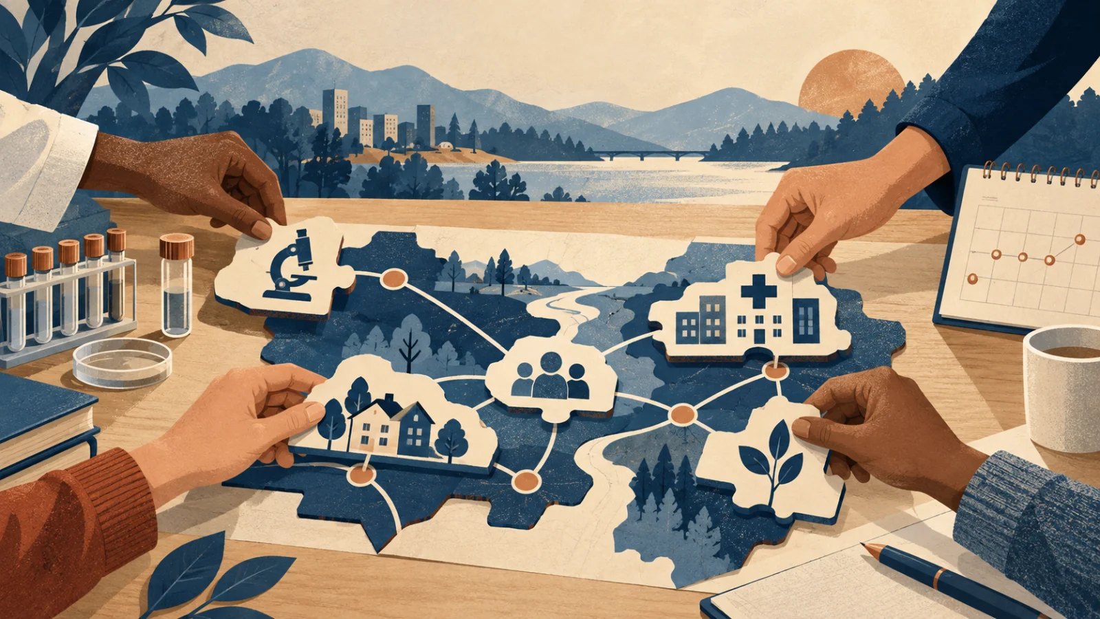 Community, laboratory and healthcare symbols assembled into a connected preparedness map by several hands.
