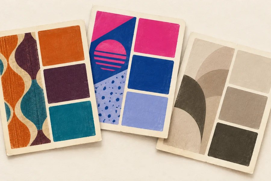 Illustrated colour swatches from different design eras arranged on a cream tabletop