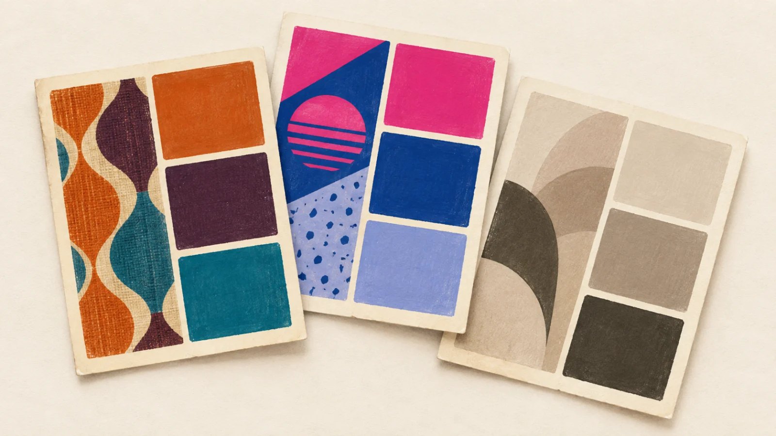 Illustrated colour swatches from different design eras arranged on a cream tabletop