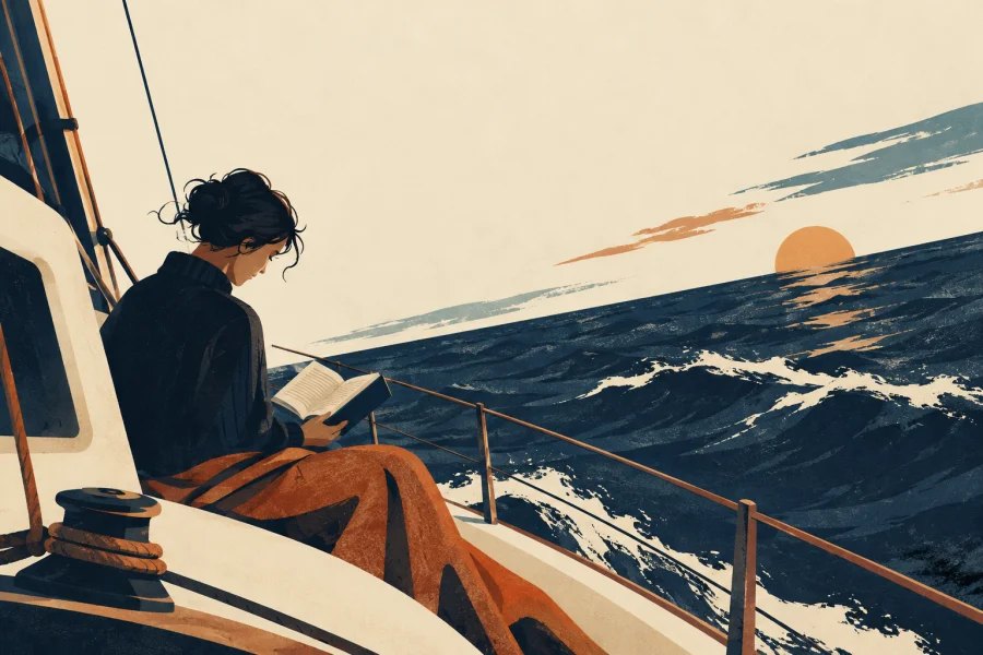 a passenger looking down at a book while a boat horizon tilts