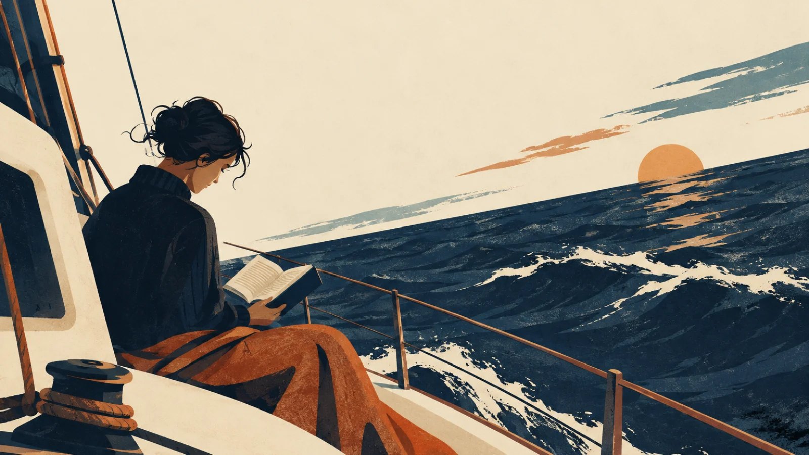a passenger looking down at a book while a boat horizon tilts