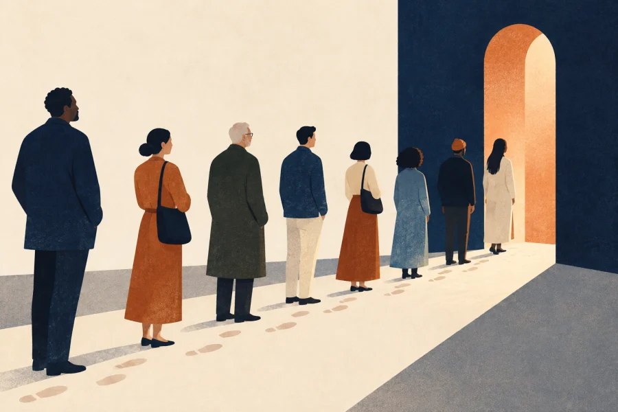 people standing in an orderly queue marked only by subtle footsteps