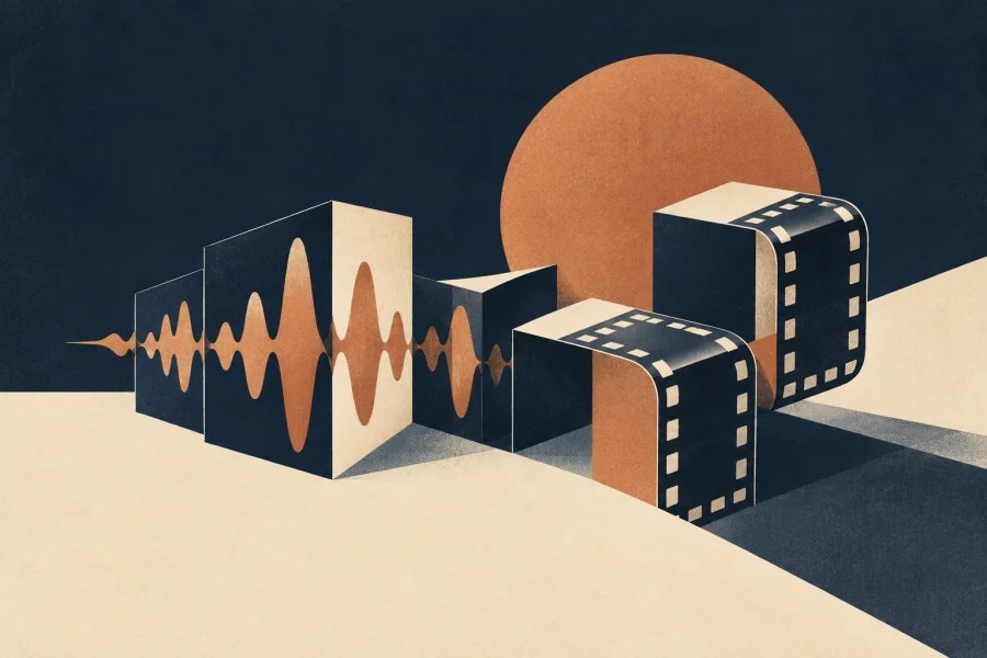 a sound wave and film strip folded into compact geometric blocks