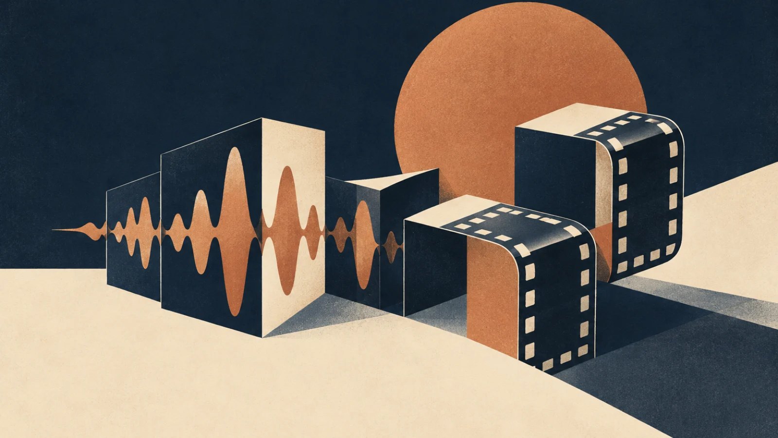 a sound wave and film strip folded into compact geometric blocks
