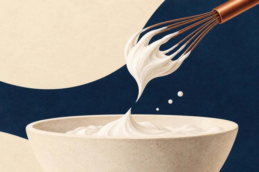 A whisk lifts a firm white meringue peak above a ceramic mixing bowl.