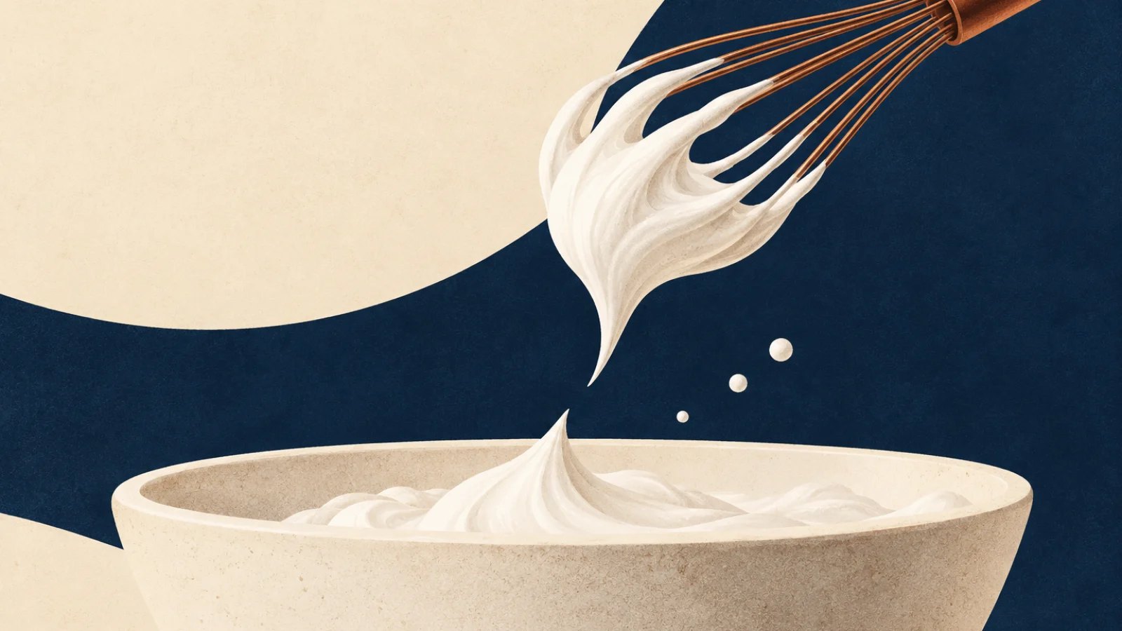 A whisk lifts a firm white meringue peak above a ceramic mixing bowl.