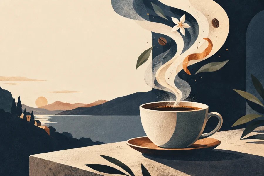 steaming coffee cup with rich aroma rising while taste symbols remain restrained