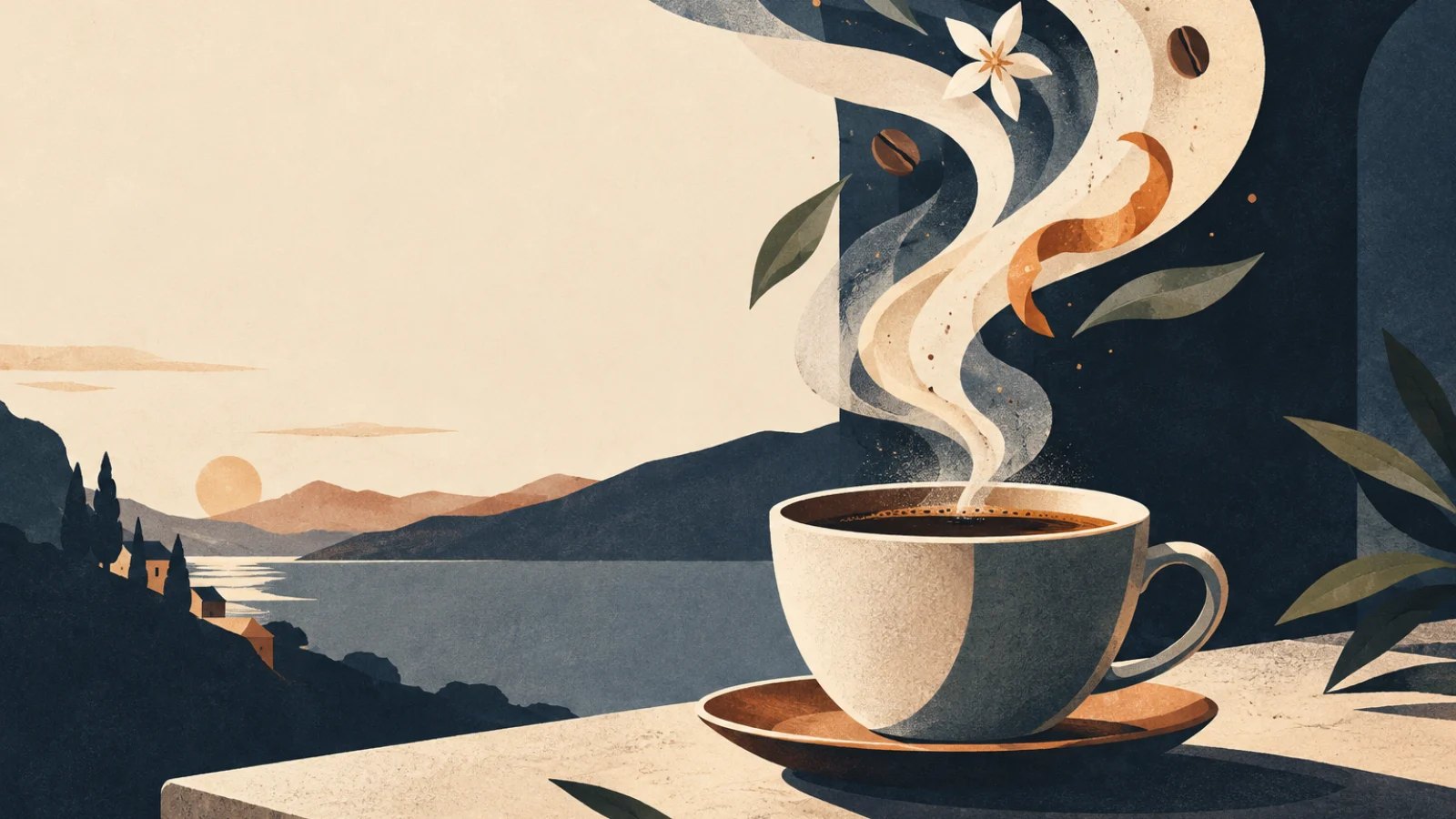 steaming coffee cup with rich aroma rising while taste symbols remain restrained