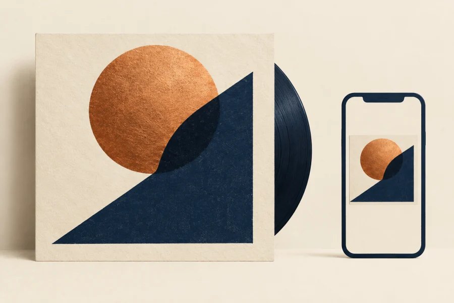 The same abstract album artwork appears on a large record sleeve and as a small phone thumbnail.