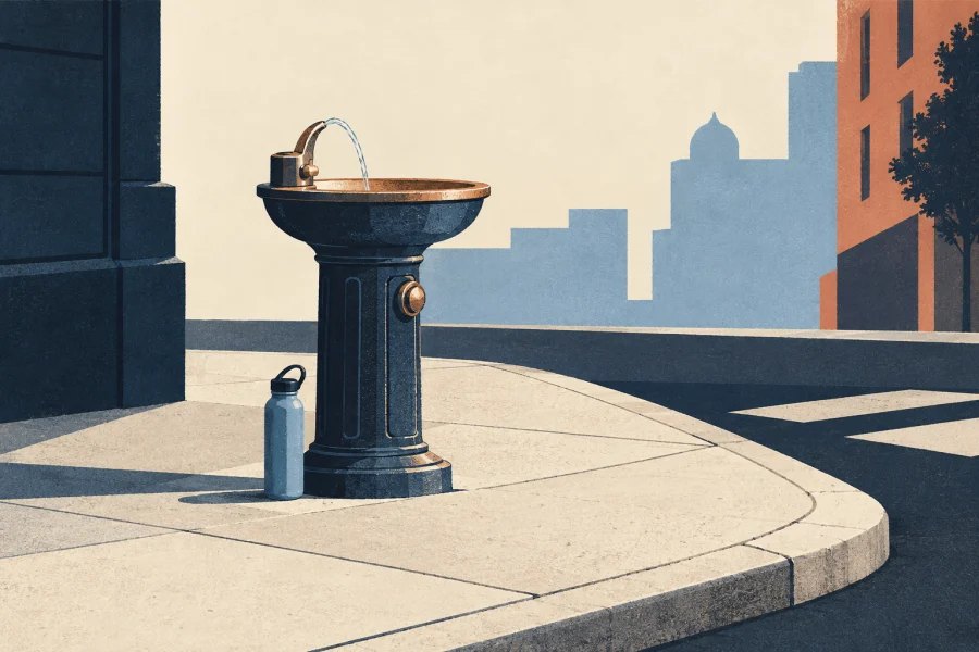 A public drinking fountain on a city pavement beside a reusable bottle, illustrated in muted ink and copper.
