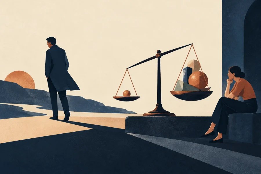 Illustration of an unequal balance scale and a person walking away