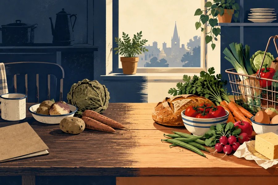Kitchen table changing from sparse wartime produce to a varied post-war market basket