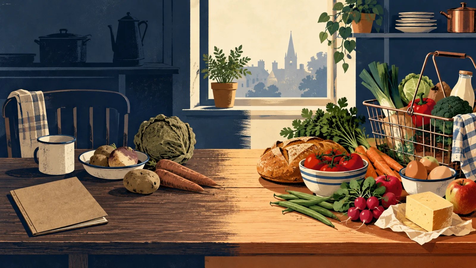 Kitchen table changing from sparse wartime produce to a varied post-war market basket