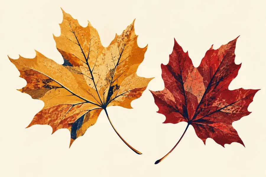 One golden and one crimson autumn leaf on a cream background