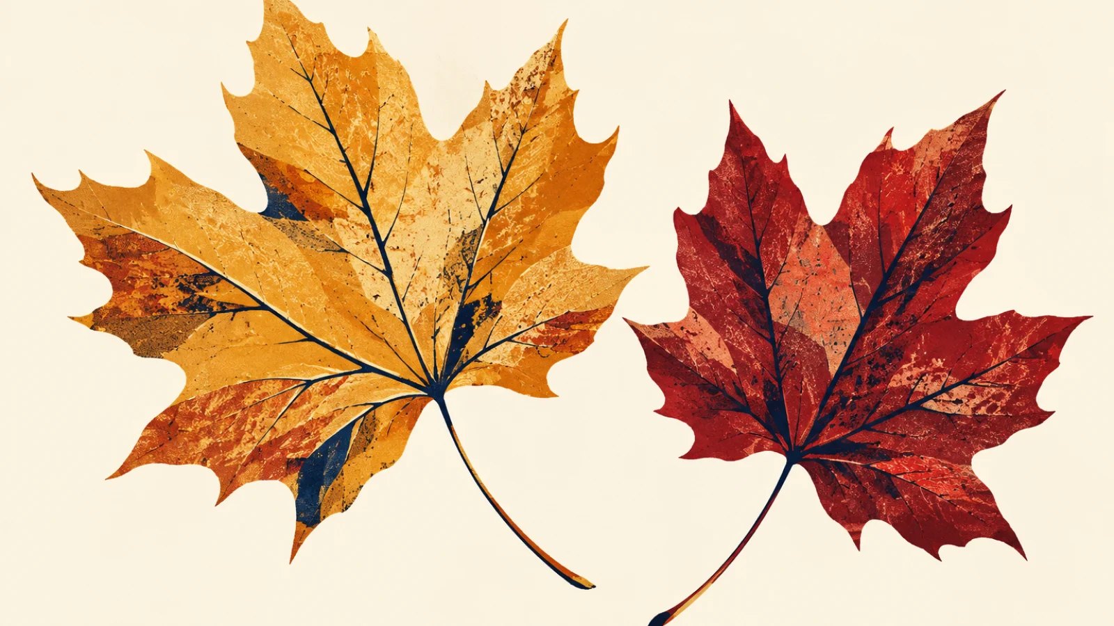 One golden and one crimson autumn leaf on a cream background