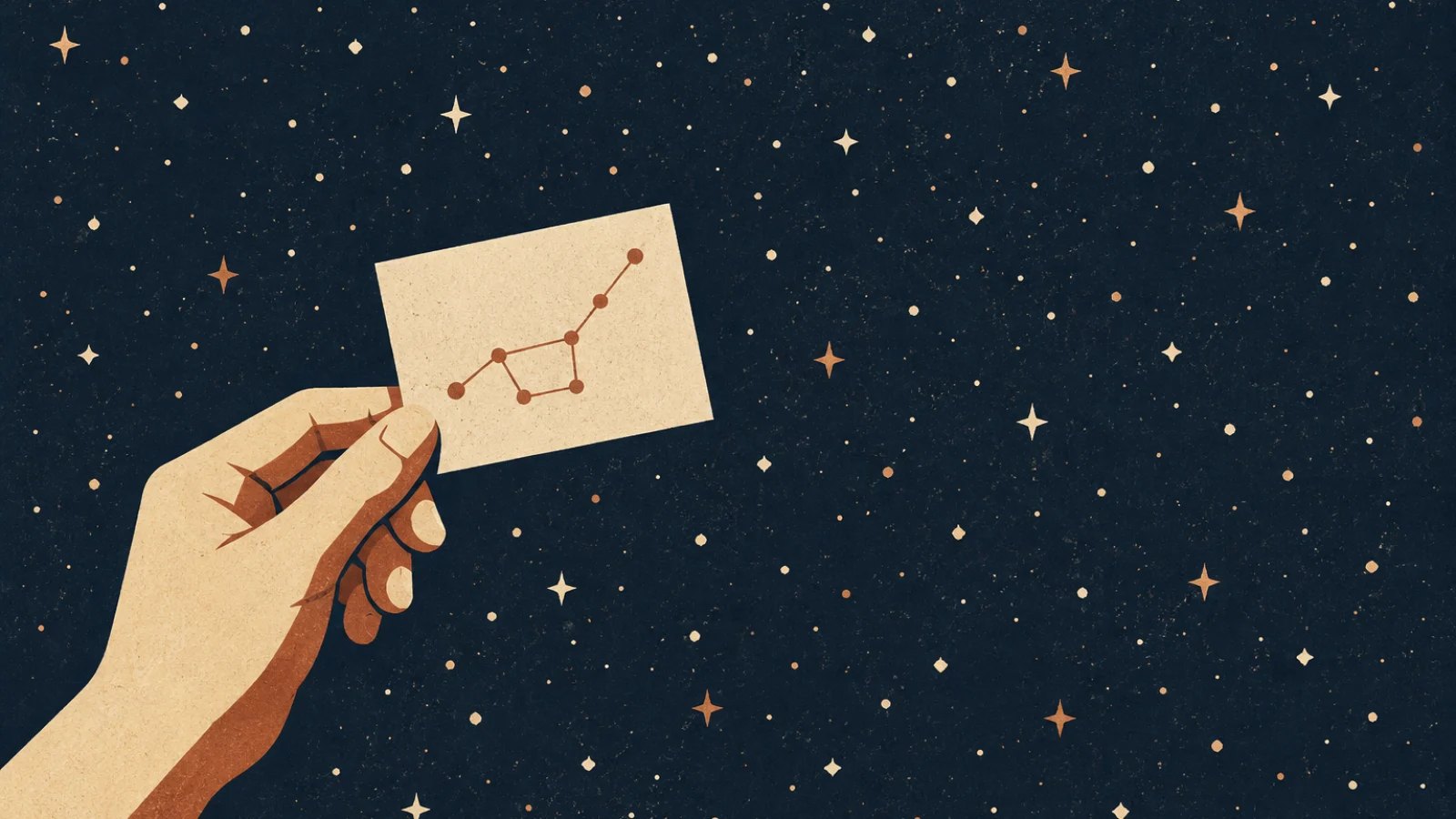A hand holds a small connected constellation against a field of scattered stars