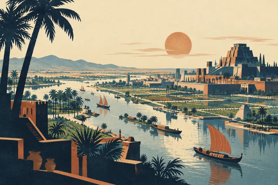 ancient river city with canals, boats and cultivated floodplain