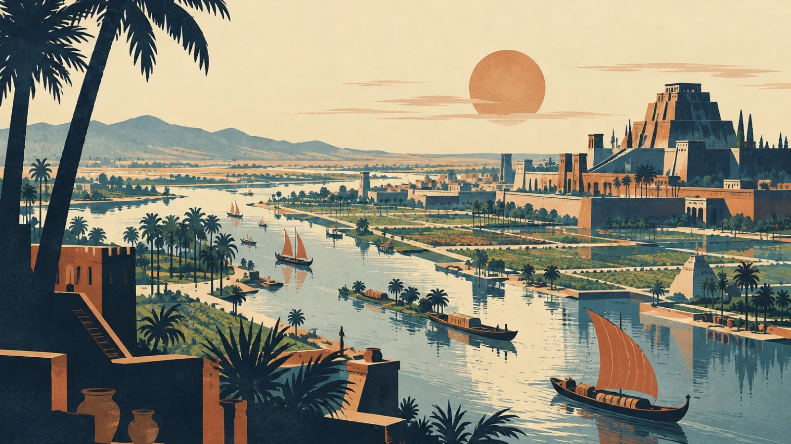 ancient river city with canals, boats and cultivated floodplain