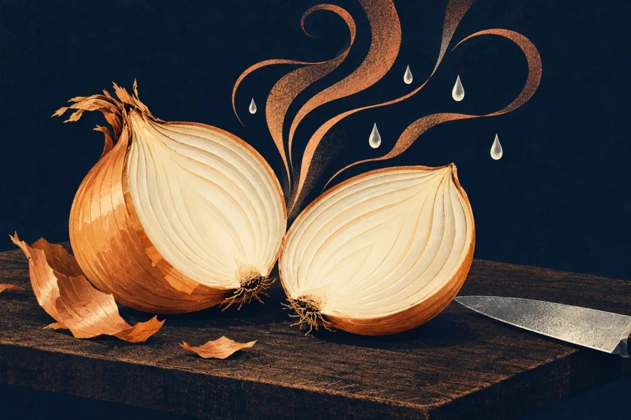 An illustrated cut golden onion beside a kitchen knife, with copper wisps and small teardrops rising against a deep navy background
